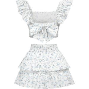 imageOYOANGLE Girls 2 Piece Outfits Boho Ditsy Floral Ruffle Cap Sleeve Bow Top and Layered Ruffle Skirts SetWhite