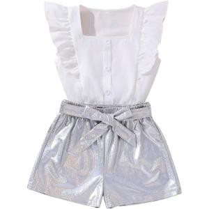 imageOYOANGLE Girls 2 Piece Outfits Button Front Cap Sleeve Blouse with Metallic Belted Shorts SetWhite and Silver
