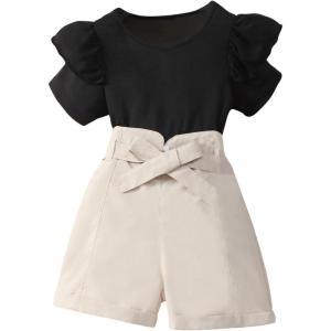 imageOYOANGLE Girls 2 Piece Outfits Crew Neck Ruffle Short Sleeve Top and High Waist Shorts Set with BeltBlack and Beige