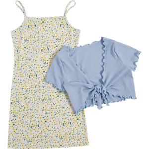imageOYOANGLE Girls 2 Piece Outfits Floral Print Sleeveless Cute Cami Dresses and Short Sleeve Lettuce Trim Tie Front Top SetsBlue White