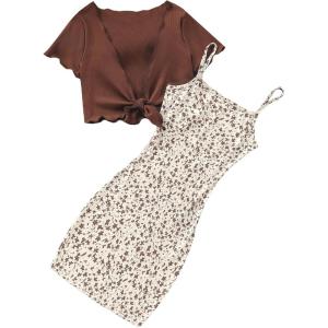 imageOYOANGLE Girls 2 Piece Outfits Floral Print Sleeveless Cute Cami Dresses and Short Sleeve Lettuce Trim Tie Front Top SetsBrown