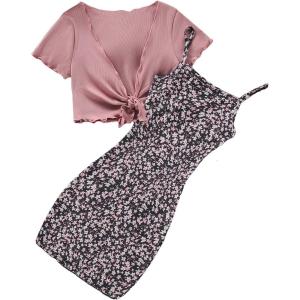 imageOYOANGLE Girls 2 Piece Outfits Floral Print Sleeveless Cute Cami Dresses and Short Sleeve Lettuce Trim Tie Front Top SetsDusty Pink