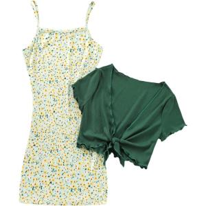 imageOYOANGLE Girls 2 Piece Outfits Floral Print Sleeveless Cute Cami Dresses and Short Sleeve Lettuce Trim Tie Front Top SetsGreen
