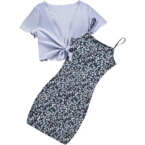 imageOYOANGLE Girls 2 Piece Outfits Floral Print Sleeveless Cute Cami Dresses and Short Sleeve Lettuce Trim Tie Front Top SetsLight Purple