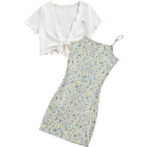 imageOYOANGLE Girls 2 Piece Outfits Floral Print Sleeveless Cute Cami Dresses and Short Sleeve Lettuce Trim Tie Front Top SetsMulticolor