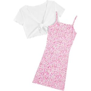 imageOYOANGLE Girls 2 Piece Outfits Floral Print Sleeveless Cute Cami Dresses and Short Sleeve Lettuce Trim Tie Front Top SetsPink Solid