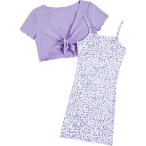 imageOYOANGLE Girls 2 Piece Outfits Floral Print Sleeveless Cute Cami Dresses and Short Sleeve Lettuce Trim Tie Front Top SetsPurple Solid