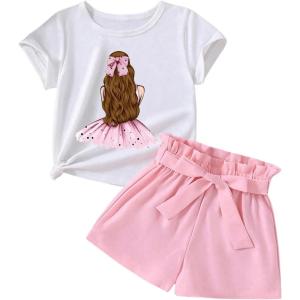 imageOYOANGLE Girls 2 Piece Outfits Graphic Crew Neck Short Sleeve T Shirt and Belted Shorts SetsPink and White
