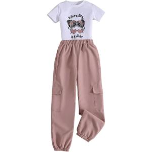 imageOYOANGLE Girls 2 Piece Outfits Graphic Print Short Sleeve T Shirt and Cargo Pants Sets with Flap PocketsPink and White