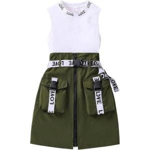 imageOYOANGLE Girls 2 Piece Outfits Letter Crew Neck Tank Top and Zipper Cargo Skirt Set with Buckled BeltWhite and Green