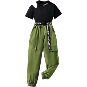 imageOYOANGLE Girls 2 Piece Outfits Letter Graphic Cut Out Tshirt and Belted Jogger Cargo Pants SetBlack and Green