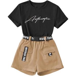 imageOYOANGLE Girls 2 Piece Outfits Letter Graphic Round Neck Tee Shirt and Buckle Belted Shorts SetBlack and Khaki