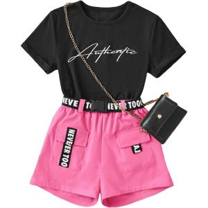 imageOYOANGLE Girls 2 Piece Outfits Letter Graphic Round Neck Tee Shirt and Buckle Belted Shorts SetHot Pink