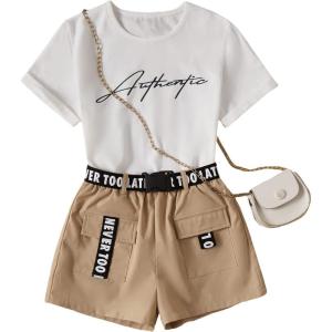 imageOYOANGLE Girls 2 Piece Outfits Letter Graphic Round Neck Tee Shirt and Buckle Belted Shorts SetKhaki