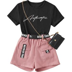 imageOYOANGLE Girls 2 Piece Outfits Letter Graphic Round Neck Tee Shirt and Buckle Belted Shorts SetMulticolor