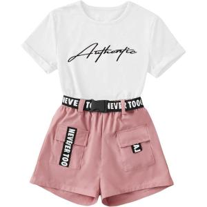 imageOYOANGLE Girls 2 Piece Outfits Letter Graphic Round Neck Tee Shirt and Buckle Belted Shorts SetWhite and Pink
