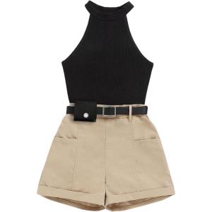 imageOYOANGLE Girls 2 Piece Outfits Rib Knit Halter Tank Top and Wide Leg Belted Shorts SetsBlack and Khaki