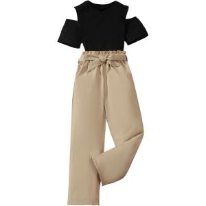 imageOYOANGLE Girls 2 Piece Outfits Rib Knit Short Sleeve Cold Shoulder Tee and Belted Pants SetsBlack and Khaki