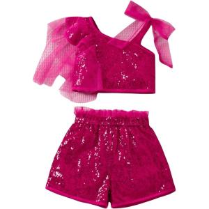 imageOYOANGLE Girls 2 Piece Outfits Sequin Sparkly Mesh Tank Top and High Waisted Shorts Dance SetHot Pink