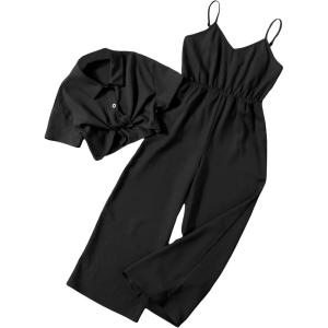 imageOYOANGLE Girls 2 Piece Outfits Short Sleeve Button Down Shirt Crop Top and Wide Leg Pants Jumpsuit SetBlack