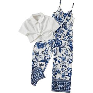 imageOYOANGLE Girls 2 Piece Outfits Short Sleeve Button Down Shirt Crop Top and Wide Leg Pants Jumpsuit SetBlue White Floral
