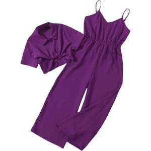imageOYOANGLE Girls 2 Piece Outfits Short Sleeve Button Down Shirt Crop Top and Wide Leg Pants Jumpsuit SetPurple
