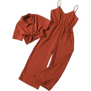 imageOYOANGLE Girls 2 Piece Outfits Short Sleeve Button Down Shirt Crop Top and Wide Leg Pants Jumpsuit SetRust Brown