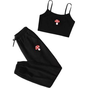 imageOYOANGLE Girls 2 Piece Outfits Sleeveless Mushroom Cartoon Print Embroidery Round Neck Shirt Top and Sweatpants Pants SetsBlack