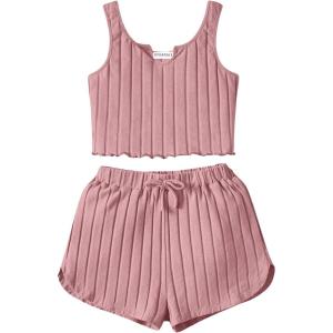 imageOYOANGLE Girls 2 Piece Outfits Sleeveless Rib Knit Notched Neck Crop Tank Top and Shorts Set TracksuitDusty Pink