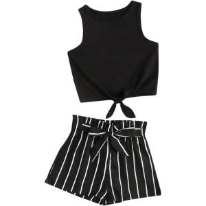 imageOYOANGLE Girls 2 Piece Outfits Summer Tie Knot Tank Top and Paperbag Waist Striped Shorts SetBlack