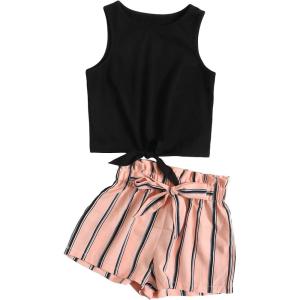 imageOYOANGLE Girls 2 Piece Outfits Summer Tie Knot Tank Top and Paperbag Waist Striped Shorts SetBlack and Pink