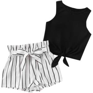 imageOYOANGLE Girls 2 Piece Outfits Summer Tie Knot Tank Top and Paperbag Waist Striped Shorts SetBlack and White