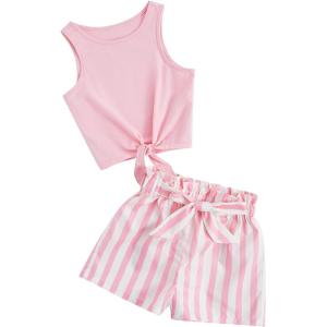 imageOYOANGLE Girls 2 Piece Outfits Summer Tie Knot Tank Top and Paperbag Waist Striped Shorts SetLight Pink