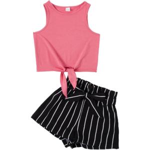 imageOYOANGLE Girls 2 Piece Outfits Summer Tie Knot Tank Top and Paperbag Waist Striped Shorts SetPink and Black