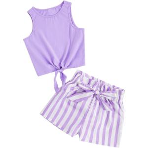 imageOYOANGLE Girls 2 Piece Outfits Summer Tie Knot Tank Top and Paperbag Waist Striped Shorts SetPurple