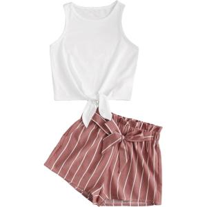 imageOYOANGLE Girls 2 Piece Outfits Summer Tie Knot Tank Top and Paperbag Waist Striped Shorts SetWhite Pink