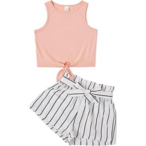 imageOYOANGLE Girls 2 Piece Outfits Summer Tie Knot Tank Top and Paperbag Waist Striped Shorts SetWhite and Pink