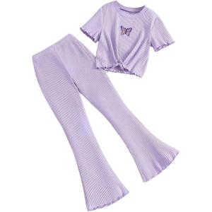 imageOYOANGLE Girls 2 Piece Ribbed Knit Pants Set Butterfly Appliques Short Sleeve Top and Flared TrousersPurple
