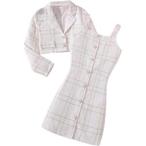 imageOYOANGLE Girls 2 Piece Skirt Sets Plaid Tweed Button Short Tank Dress and Long Sleeve Crop JacketWhite