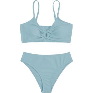 imageOYOANGLE Girls 2 Piece Solid Bikini Set Sport Swimsuit Ruched Tie Front Bathing Suit SwimwearLight Blue