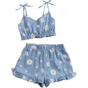 imageOYOANGLE Girls 2 Piece Summer Outfits Ditsy Floral print Crop Cami Top and Ruffle Shorts Clothing SetBlue