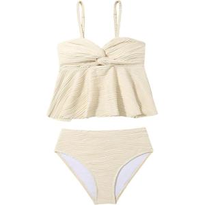 imageOYOANGLE Girls 2 Piece Tankini Swimsuit Textured Twist Front Ruched Ruffle Bikini Set Bathing SuitsBeige