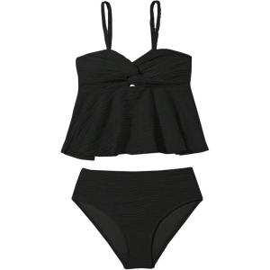 imageOYOANGLE Girls 2 Piece Tankini Swimsuit Textured Twist Front Ruched Ruffle Bikini Set Bathing SuitsBlack