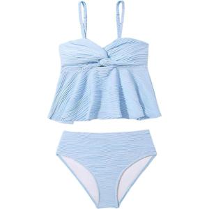 imageOYOANGLE Girls 2 Piece Tankini Swimsuit Textured Twist Front Ruched Ruffle Bikini Set Bathing SuitsBlue
