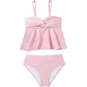 imageOYOANGLE Girls 2 Piece Tankini Swimsuit Textured Twist Front Ruched Ruffle Bikini Set Bathing SuitsPink