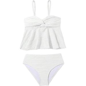 imageOYOANGLE Girls 2 Piece Tankini Swimsuit Textured Twist Front Ruched Ruffle Bikini Set Bathing SuitsWhite