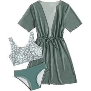 imageOYOANGLE Girls 3 Piece Floral Bikini Set Swimwear Bathing Suit Swimsuit and KimonoGreen