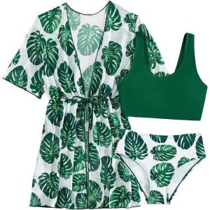 imageOYOANGLE Girls 3 Piece Floral Bikini Set Swimwear Bathing Suit Swimsuit and KimonoGreen Printed