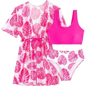 imageOYOANGLE Girls 3 Piece Floral Bikini Set Swimwear Bathing Suit Swimsuit and KimonoHot Pink