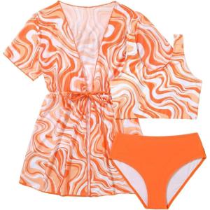 imageOYOANGLE Girls 3 Piece Floral Bikini Set Swimwear Bathing Suit Swimsuit and KimonoOrange Print